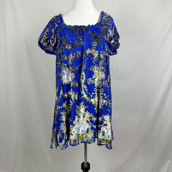 NEW Free People Beautiful Blooms dress mini velvet short sleeve blue size medium - Picture 5 of 10